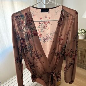 Zara tan brown Floral silk bodysuit